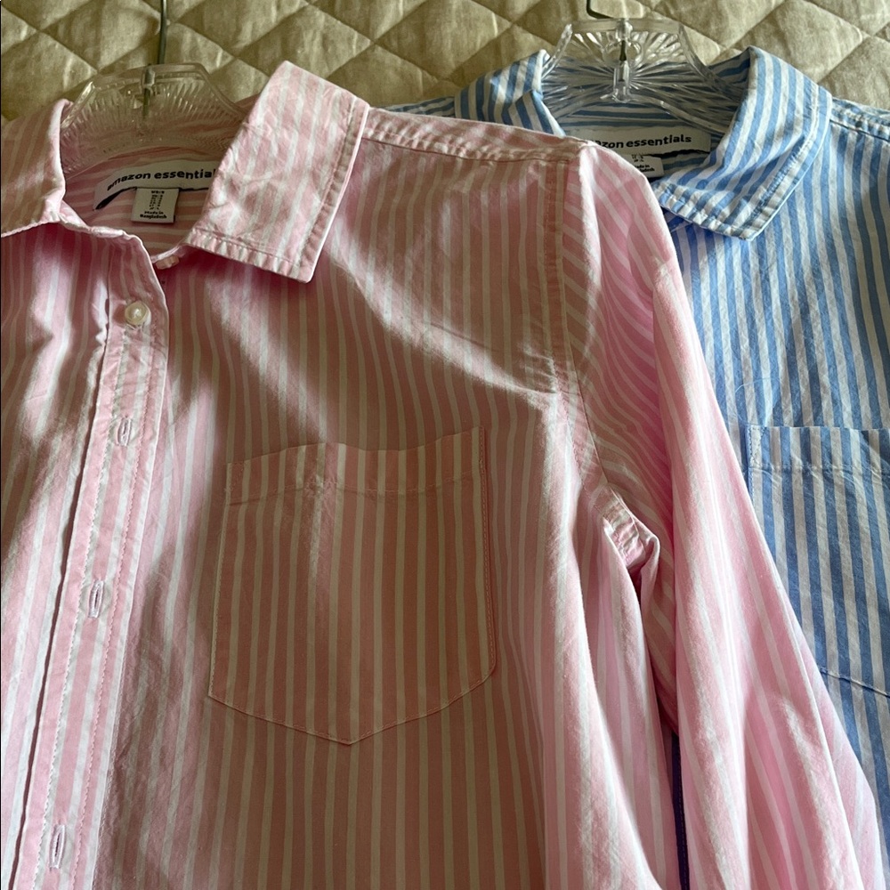 Amazon Essentials Pink and Blue Striped Button-Down Shirt Set